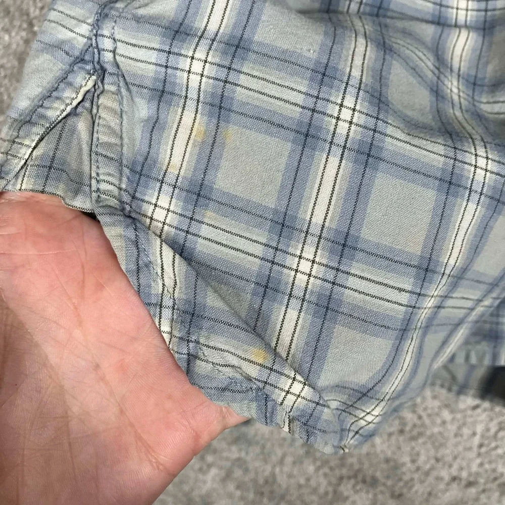 Vintage J. Crew Oarsman Shirt Mens XLT Blue Plaid Long Sleeve Cotton Distressed